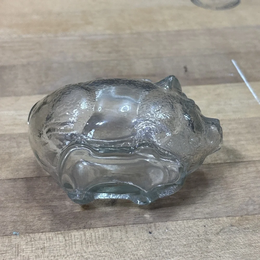Vintage MCM Clear Textured Glass Piggy Banks Pair Coin Banks Retro Pig Figurines